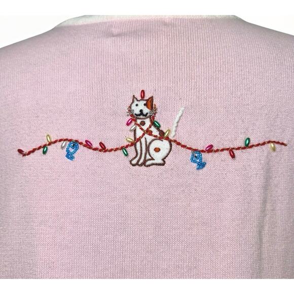 Quacker Factory LG Pink Playful Cat Christmas Light Holiday Sweater Cardigan Top - Picture 6 of 9